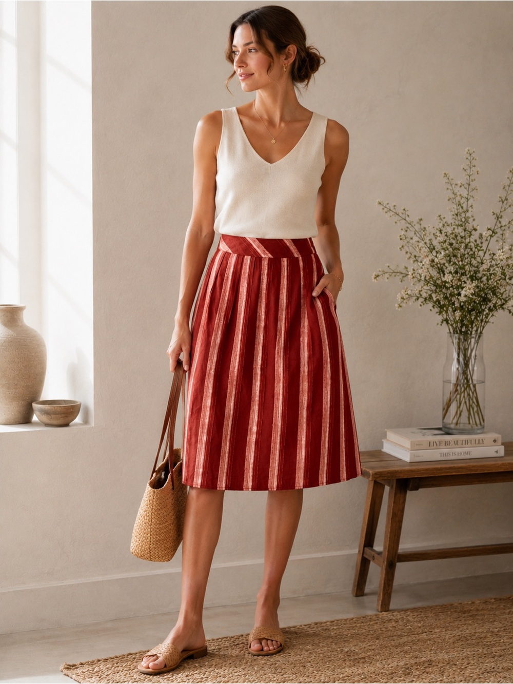 Coldwater Creek Linen Blend A-Line Midi Skirt Rust Pink Stripe Sz 8 Cottagecore